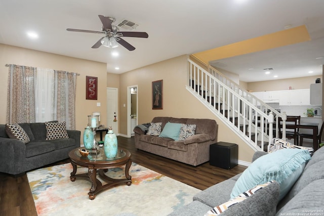 13111 Burgundy Pt, San Antonio, TX 78217 - living area featuring wood finished floors, stairs, ceiling fan, and recessed lighting