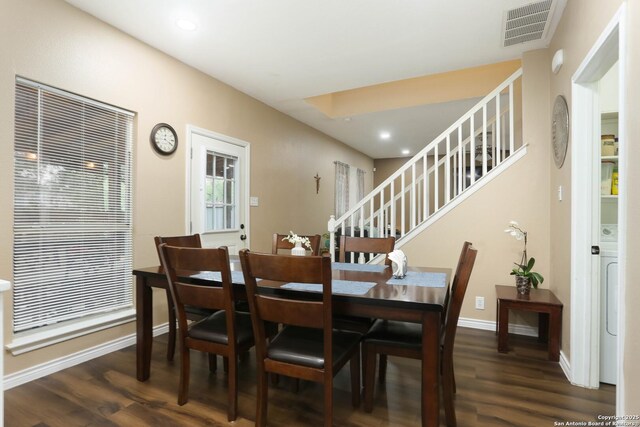 13111 Burgundy Pt, San Antonio, TX 78217 - dining room with wood finished floors, stairway, recessed lighting, and washer / dryer
