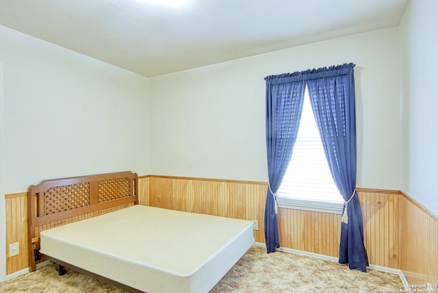 323 Hatcher Ave, San Antonio, TX 78223 - carpeted bedroom with wainscoting and wood walls