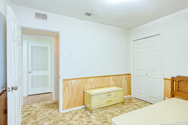 323 Hatcher Ave, San Antonio, TX 78223 - bedroom with a wainscoted wall, wood walls, and a closet