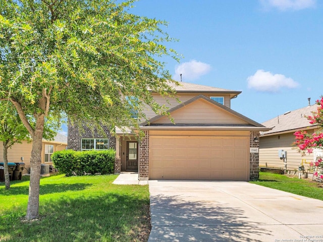 15442 Cooks Petrel, San Antonio, TX 78253 - view of front of house with concrete driveway, a front lawn, an attached garage, and brick siding