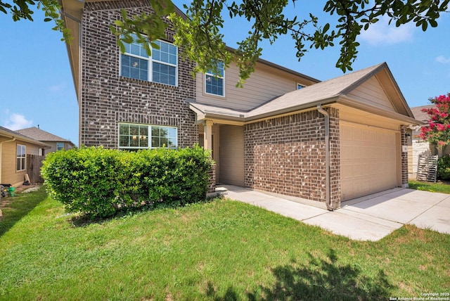 15442 Cooks Petrel, San Antonio, TX 78253 - traditional-style house featuring brick siding, an attached garage, a front lawn, and concrete driveway