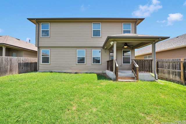 15442 Cooks Petrel, San Antonio, TX 78253 - rear view of house with a fenced backyard, a porch, and a ceiling fan
