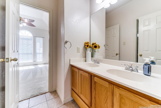 15311 Tamaron Pass, San Antonio, TX 78253 - bathroom featuring double vanity, tile patterned flooring, and ceiling fan