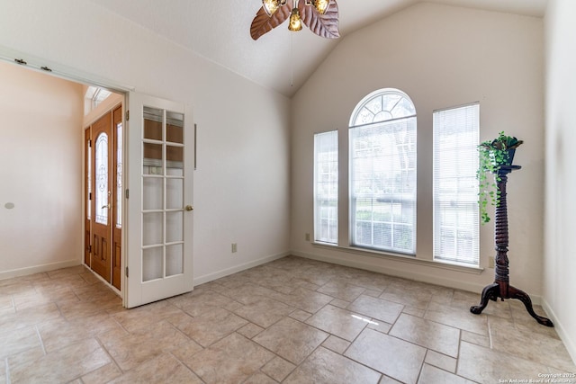 15311 Tamaron Pass, San Antonio, TX 78253 - empty room featuring ceiling fan, vaulted ceiling, and light stone finish flooring