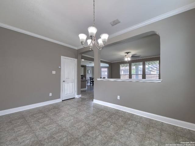 7566 Copper Cv, Converse, TX 78109 - unfurnished room featuring a chandelier, ornamental molding, ceiling fan, and arched walkways