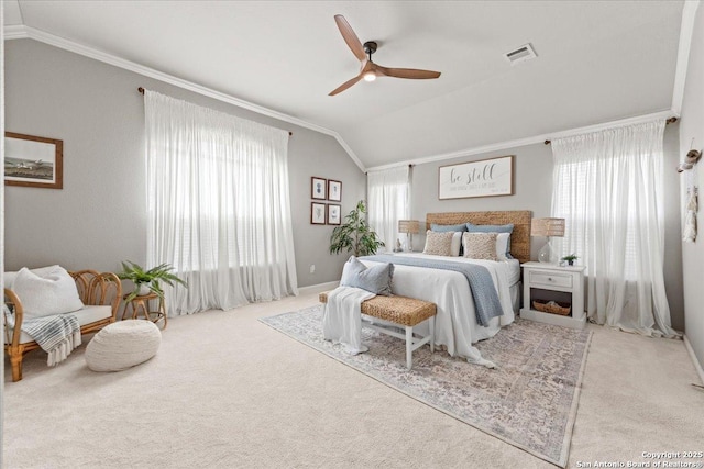 25702 Coleus, San Antonio, TX 78261 - bedroom with lofted ceiling, carpet, crown molding, and ceiling fan