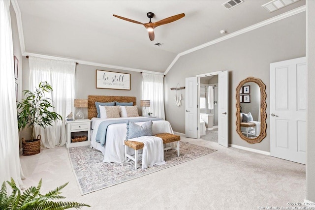 25702 Coleus, San Antonio, TX 78261 - carpeted bedroom featuring multiple windows, vaulted ceiling, crown molding, ensuite bath, and a ceiling fan