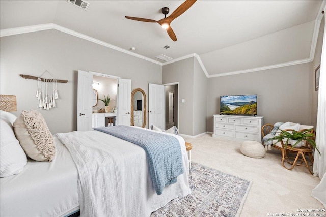 25702 Coleus, San Antonio, TX 78261 - carpeted bedroom with lofted ceiling, ornamental molding, ensuite bathroom, and a ceiling fan