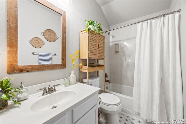 25702 Coleus, San Antonio, TX 78261 - bathroom featuring vanity, shower / bathtub combination with curtain, and lofted ceiling
