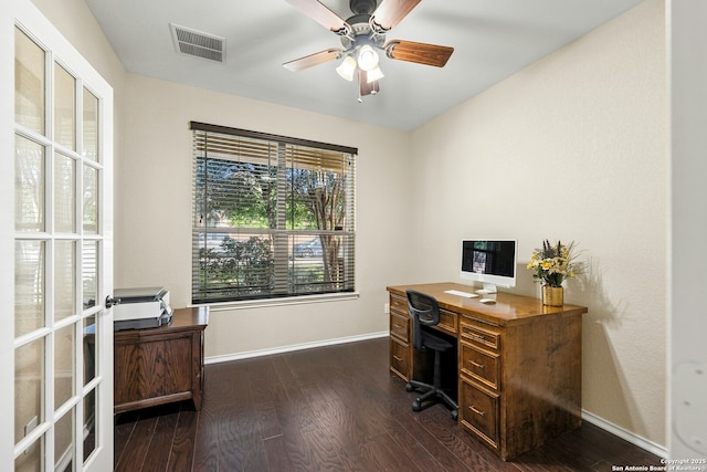 20630 Creek Riv, San Antonio, TX 78259 - home office with dark wood finished floors, ceiling fan, and french doors