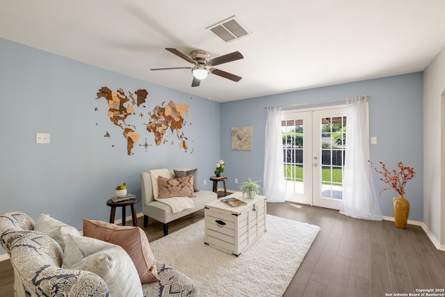 3719 Pipers Rdg, San Antonio, TX 78251 - living room with french doors, ceiling fan, and dark wood finished floors
