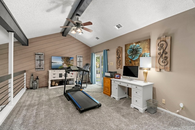 2026 Encino Vista St, San Antonio, TX 78259 - workout area featuring ceiling fan, wooden walls, a textured ceiling, light carpet, and lofted ceiling