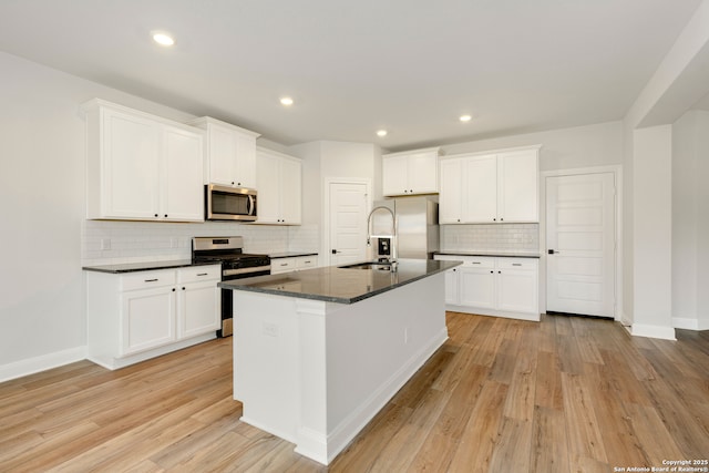 6509 Titan Park, Converse, TX 78109 - kitchen with stainless steel appliances, dark countertops, tasteful backsplash, white cabinetry, and recessed lighting