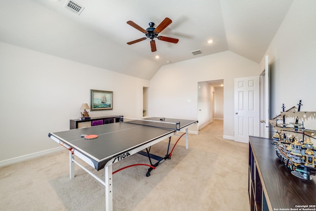139 Sable Hts, San Antonio, TX 78258 - game room featuring vaulted ceiling, light colored carpet, ceiling fan, and recessed lighting