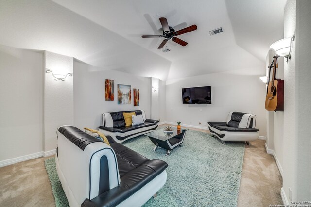 139 Sable Hts, San Antonio, TX 78258 - living area with light carpet, a ceiling fan, and lofted ceiling