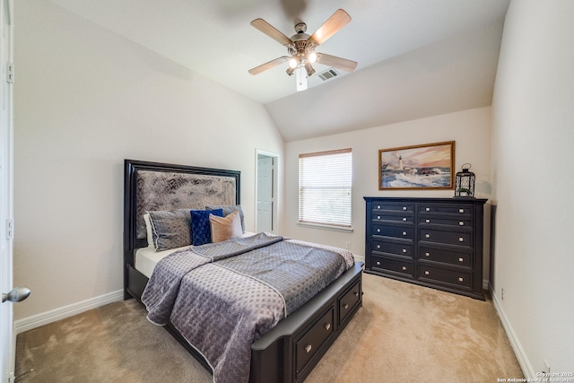 139 Sable Hts, San Antonio, TX 78258 - bedroom featuring light carpet, vaulted ceiling, and ceiling fan