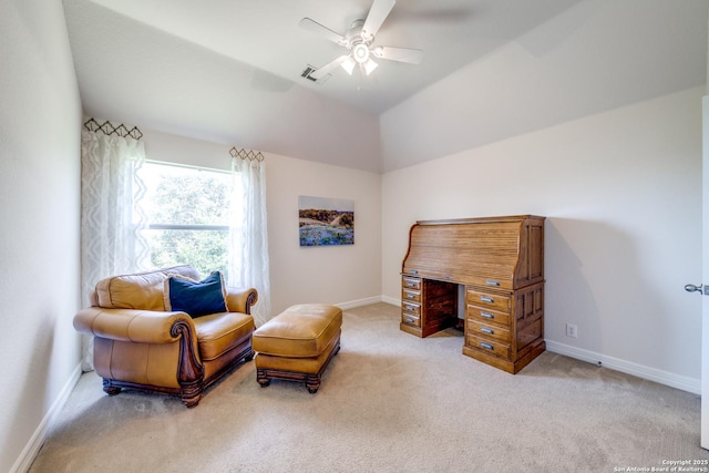139 Sable Hts, San Antonio, TX 78258 - living area with light carpet, ceiling fan, and vaulted ceiling