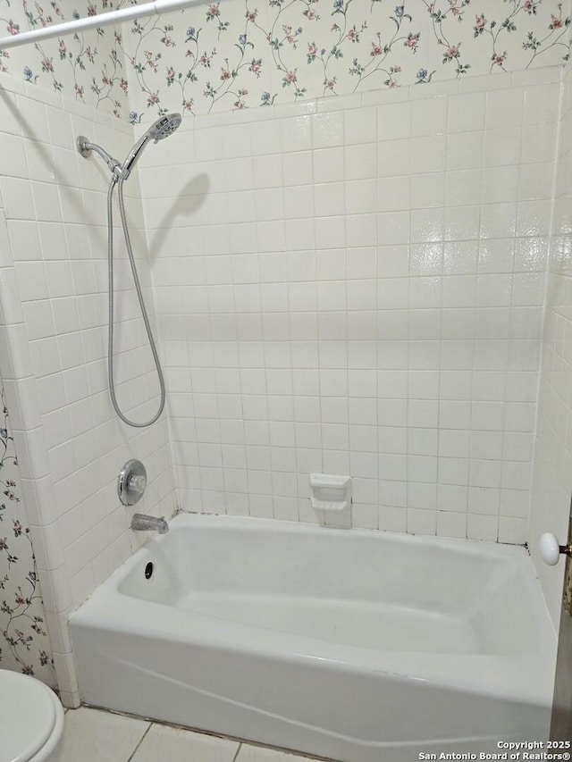 14107 Moss Farm, San Antonio, TX 78231 - bathroom with wallpapered walls, shower / bath combo, and tile patterned flooring