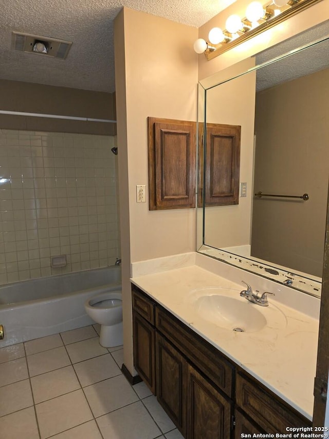 14107 Moss Farm, San Antonio, TX 78231 - full bathroom featuring tile patterned floors, vanity, a textured ceiling, and shower / tub combination