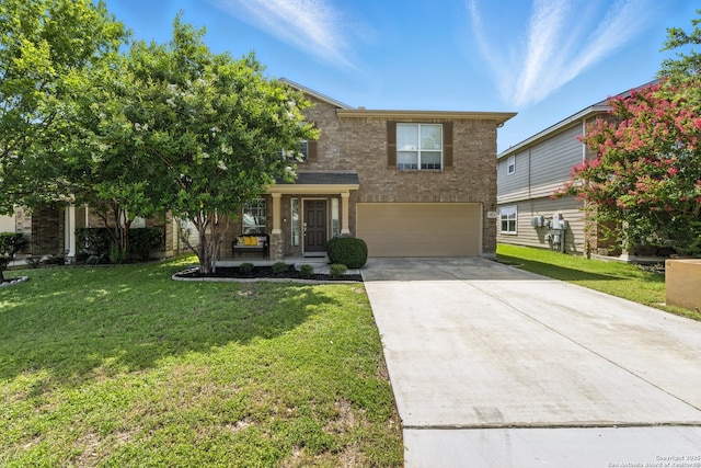 811 Cormorant, San Antonio, TX 78245 - traditional home featuring an attached garage, concrete driveway, brick siding, a front yard, and covered porch