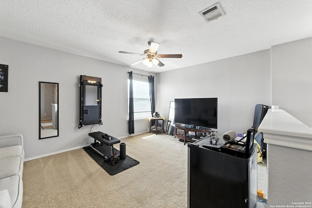 811 Cormorant, San Antonio, TX 78245 - living area featuring a ceiling fan, carpet, and a textured ceiling