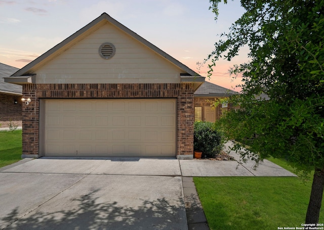 7314 Birch Stage, San Antonio, TX 78244 - ranch-style house with brick siding, driveway, an attached garage, and a front lawn