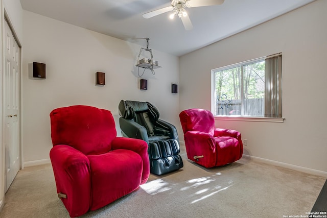 13947 Amber Crst, San Antonio, TX 78249 - living area featuring carpet floors and a ceiling fan