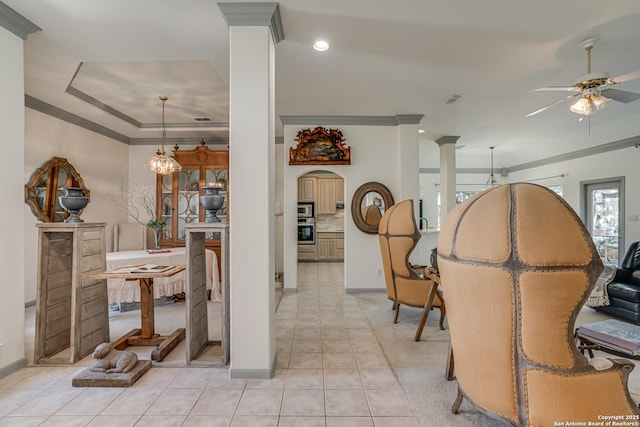 13947 Amber Crst, San Antonio, TX 78249 - dining area with ornamental molding, ceiling fan, light tile patterned flooring, and recessed lighting