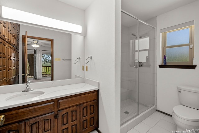 25615 Dull Knife Trl, San Antonio, TX 78255 - full bathroom with a stall shower, vanity, tile patterned floors, and ceiling fan