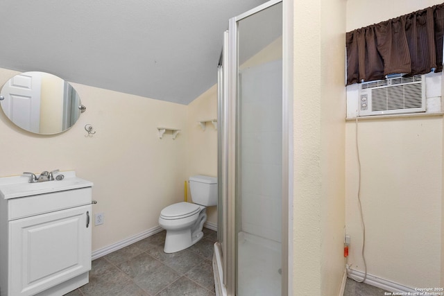 25615 Dull Knife Trl, San Antonio, TX 78255 - bathroom featuring lofted ceiling, vanity, and a shower stall
