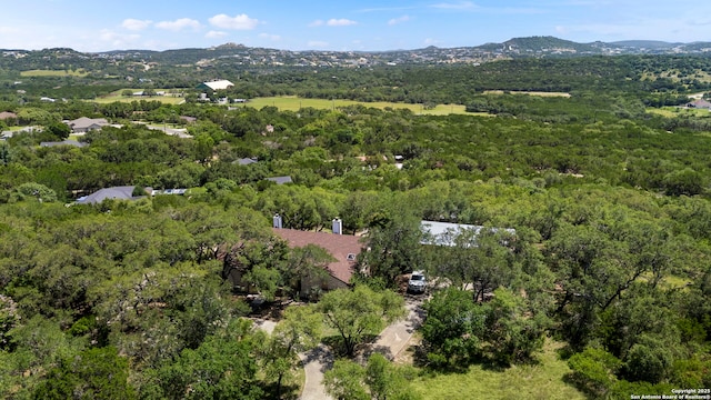 25615 Dull Knife Trl, San Antonio, TX 78255 - aerial view of property and surrounding area featuring a forest and a mountain backdrop