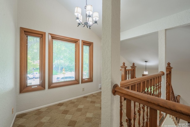 14519 Parksite Woods, San Antonio, TX 78249 - hall featuring an upstairs landing, light colored carpet, plenty of natural light, lofted ceiling, and a chandelier