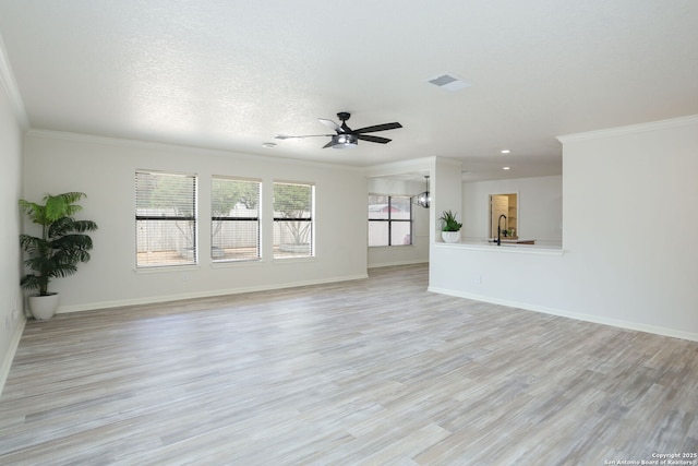 16063 Walnut Crk, San Antonio, TX 78247 - unfurnished living room with a ceiling fan, ornamental molding, and light wood finished floors