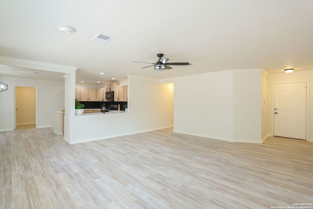 16063 Walnut Crk, San Antonio, TX 78247 - unfurnished living room with ceiling fan, crown molding, light wood-style flooring, recessed lighting, and a textured ceiling