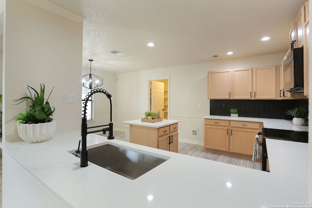 16063 Walnut Crk, San Antonio, TX 78247 - kitchen featuring light brown cabinetry, black appliances, light wood-style flooring, light countertops, and recessed lighting