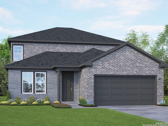 10502 Briceway Fall, San Antonio, TX 78254 - view of front of property with a garage, a front lawn, concrete driveway, a shingled roof, and brick siding