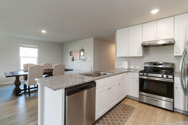 5331 Fair Moon, Bulverde, TX 78163 - kitchen featuring stainless steel appliances, under cabinet range hood, a peninsula, light wood-style floors, and white cabinetry