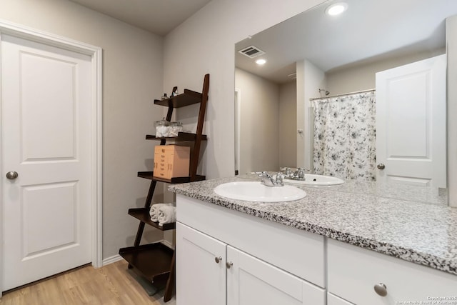 5331 Fair Moon, Bulverde, TX 78163 - bathroom featuring vanity, wood finished floors, a shower with curtain, and recessed lighting