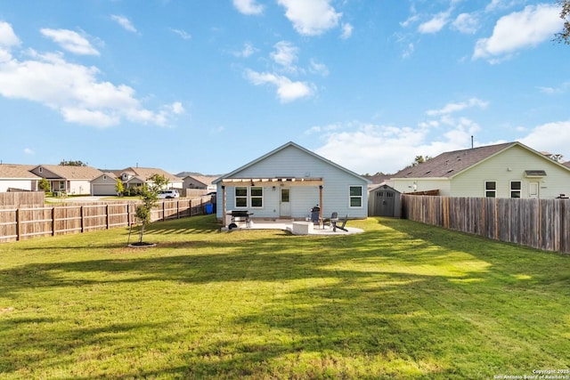 5331 Fair Moon, Bulverde, TX 78163 - rear view of house featuring a shed, a patio area, a pergola, a fenced backyard, and a residential view