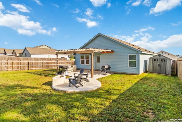 5331 Fair Moon, Bulverde, TX 78163 - rear view of property featuring a pergola, a storage shed, a fenced backyard, and a patio area