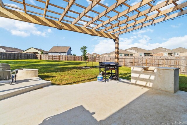 5331 Fair Moon, Bulverde, TX 78163 - fenced backyard featuring a residential view, a patio area, a pergola, and grilling area