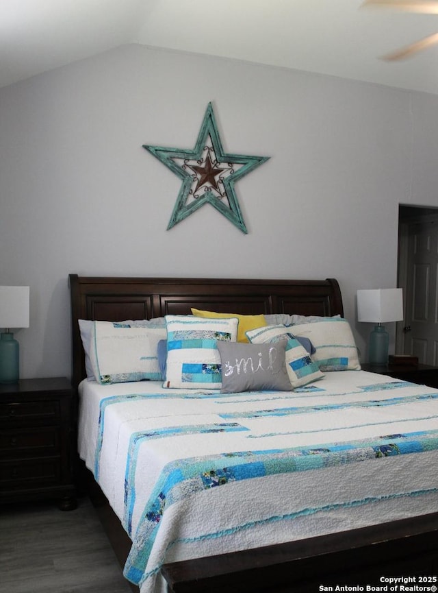 105 Yucca, Jourdanton, TX 78026 - bedroom featuring wood finished floors and vaulted ceiling