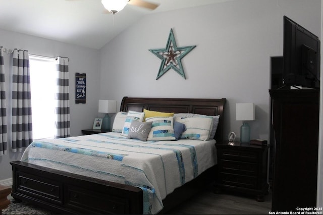 105 Yucca, Jourdanton, TX 78026 - bedroom featuring wood finished floors, vaulted ceiling, and a ceiling fan