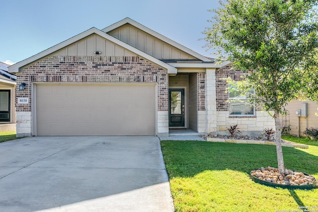 8030 Chanting, San Antonio, TX 78223 - single story home featuring board and batten siding, brick siding, a garage, a front lawn, and driveway