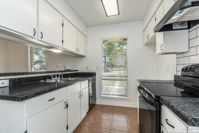 142 Meadow, Converse, TX 78109 - kitchen with under cabinet range hood, electric range, dishwashing machine, white cabinets, and dark tile patterned floors