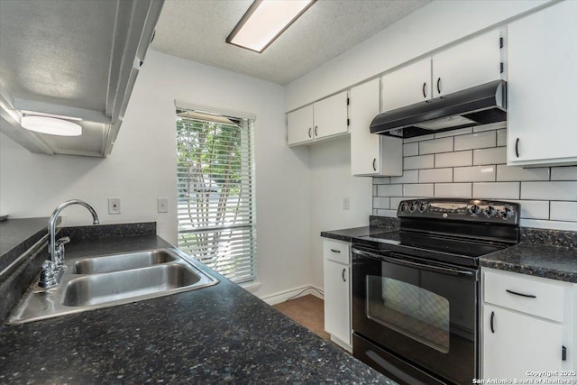 142 Meadow, Converse, TX 78109 - kitchen with black range with electric cooktop, under cabinet range hood, white cabinetry, tasteful backsplash, and dark countertops