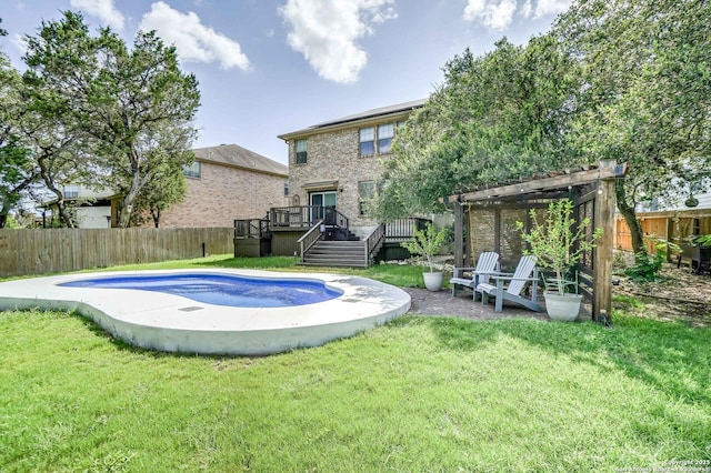 4763 Bending Grv, San Antonio, TX 78259 - view of pool with a wooden deck, a fenced backyard, stairs, and a pergola