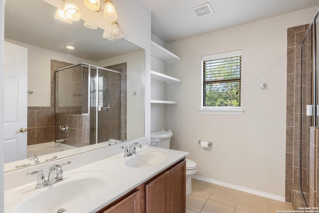 5614 Cross Pond, San Antonio, TX 78249 - bathroom featuring tiled shower, tile patterned flooring, double vanity, and a tub to relax in