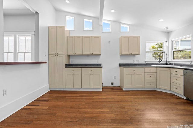 110 Vitra, San Antonio, TX 78210 - kitchen with lofted ceiling, dark countertops, dark wood-type flooring, white dishwasher, and recessed lighting